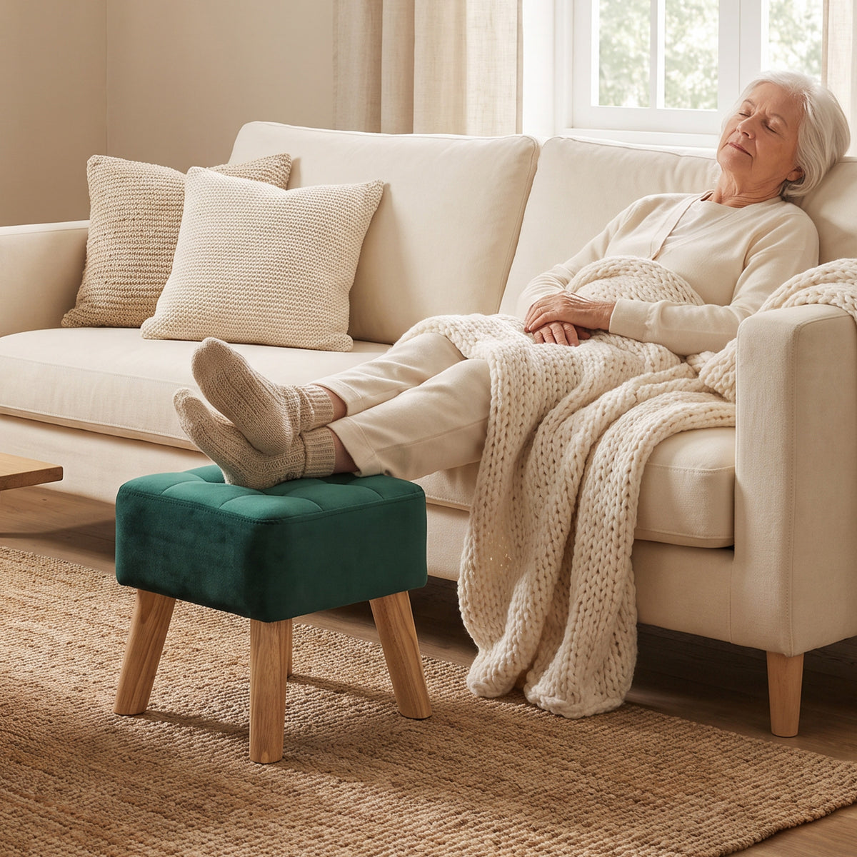 Fußhocker für das Wohnzimmer, Hocker, gepolzter Stoffsitz mit Holzbeinen, 27 x 27 x 26 cm, Dunkelgrün