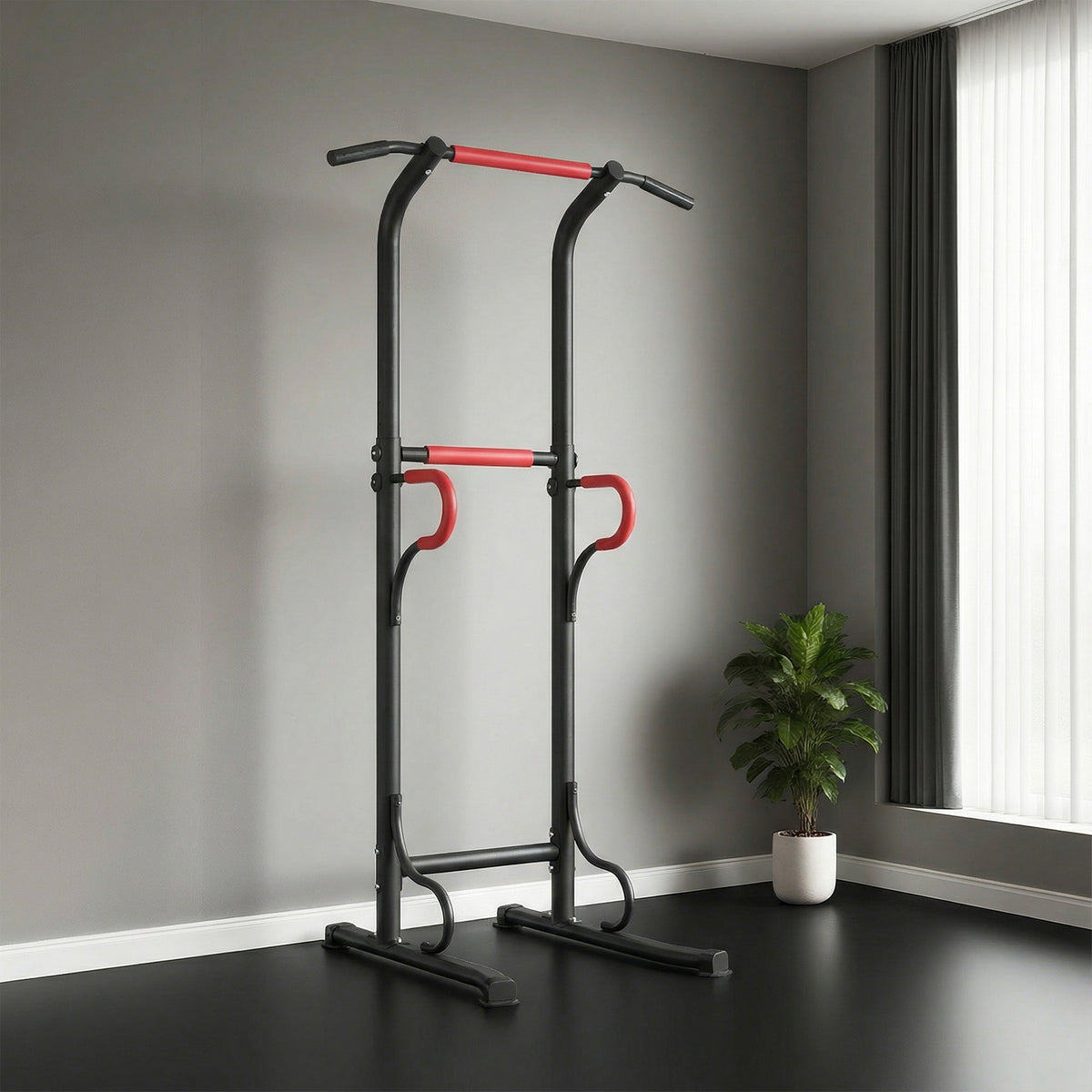 Station de musculation multifonctions barre de traction chaise romaine hauteur réglable acier noir rouge