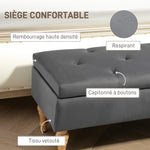 Banc coffre de rangement 2 en 1 banquette en velours avec couvercle à charnière capitonné et pieds en bois, gris foncé
