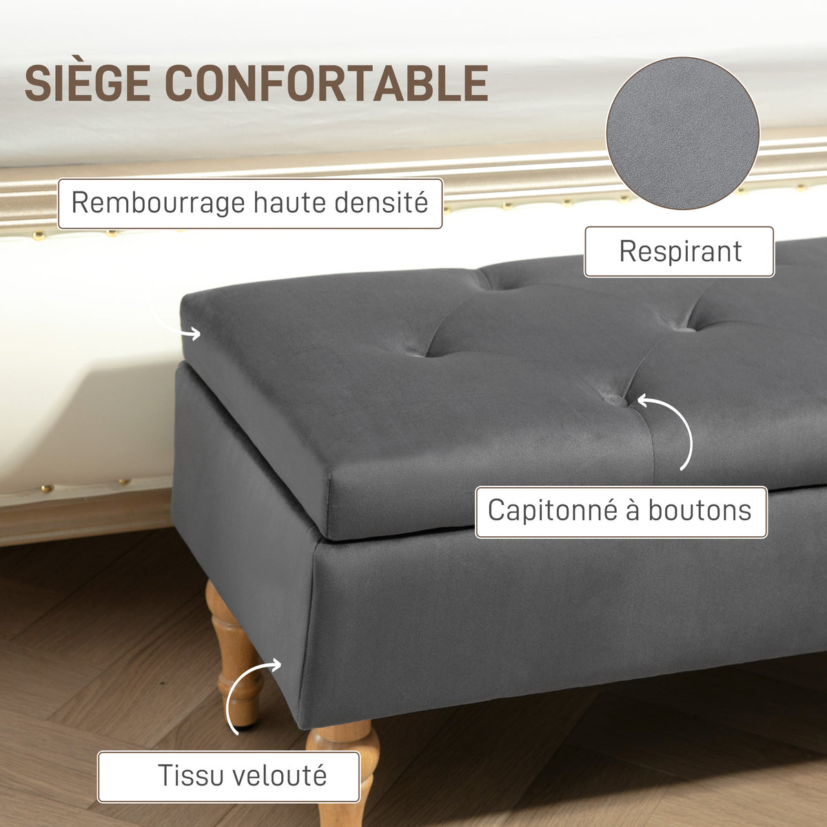 Banc coffre de rangement 2 en 1 banquette en velours avec couvercle à charnière capitonné et pieds en bois, gris foncé