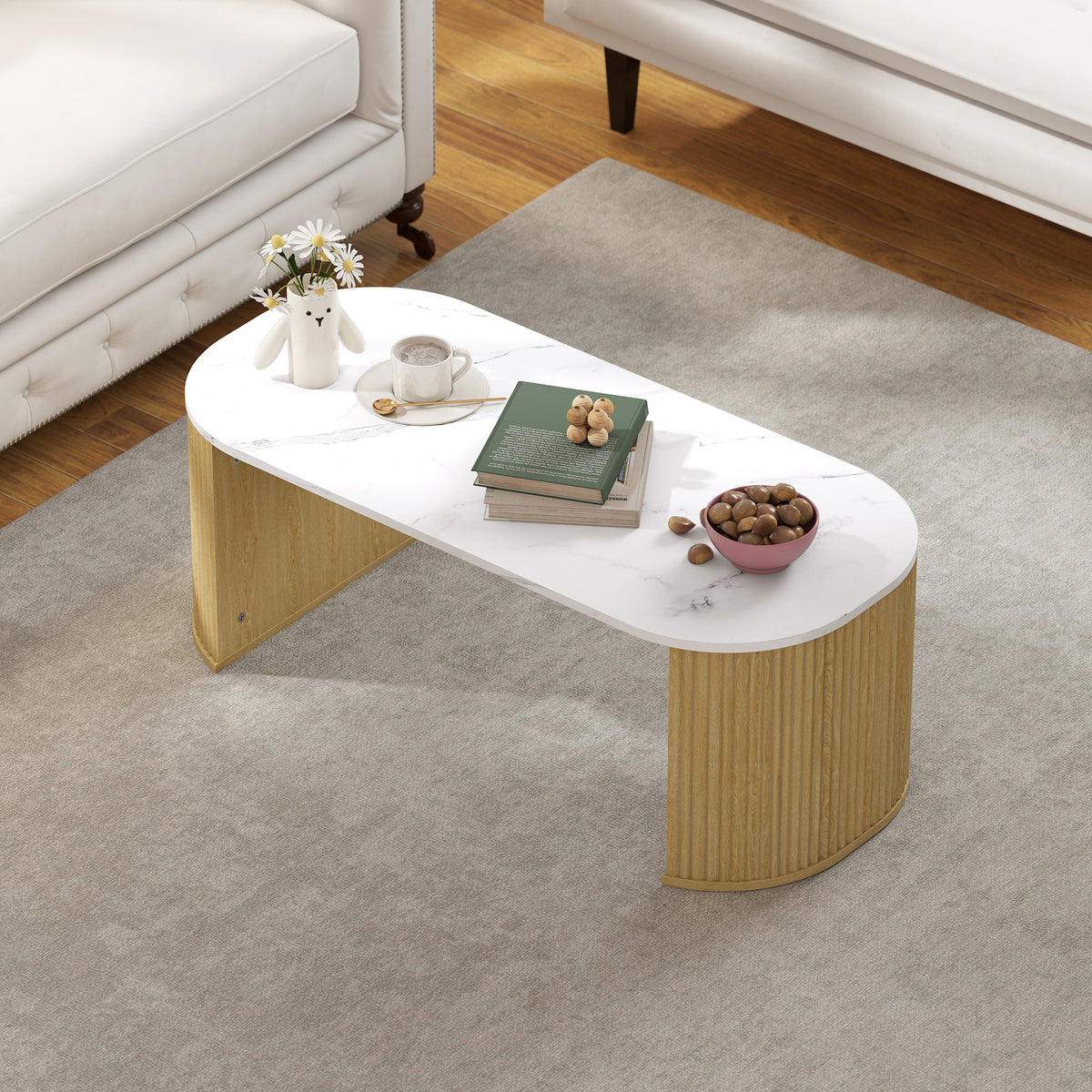 Mesa de centro ovalada, mesa auxiliar con aspecto de mármol, esquinas redondeadas y patas gruesas, 110 x 50 x 40 cm, blanco