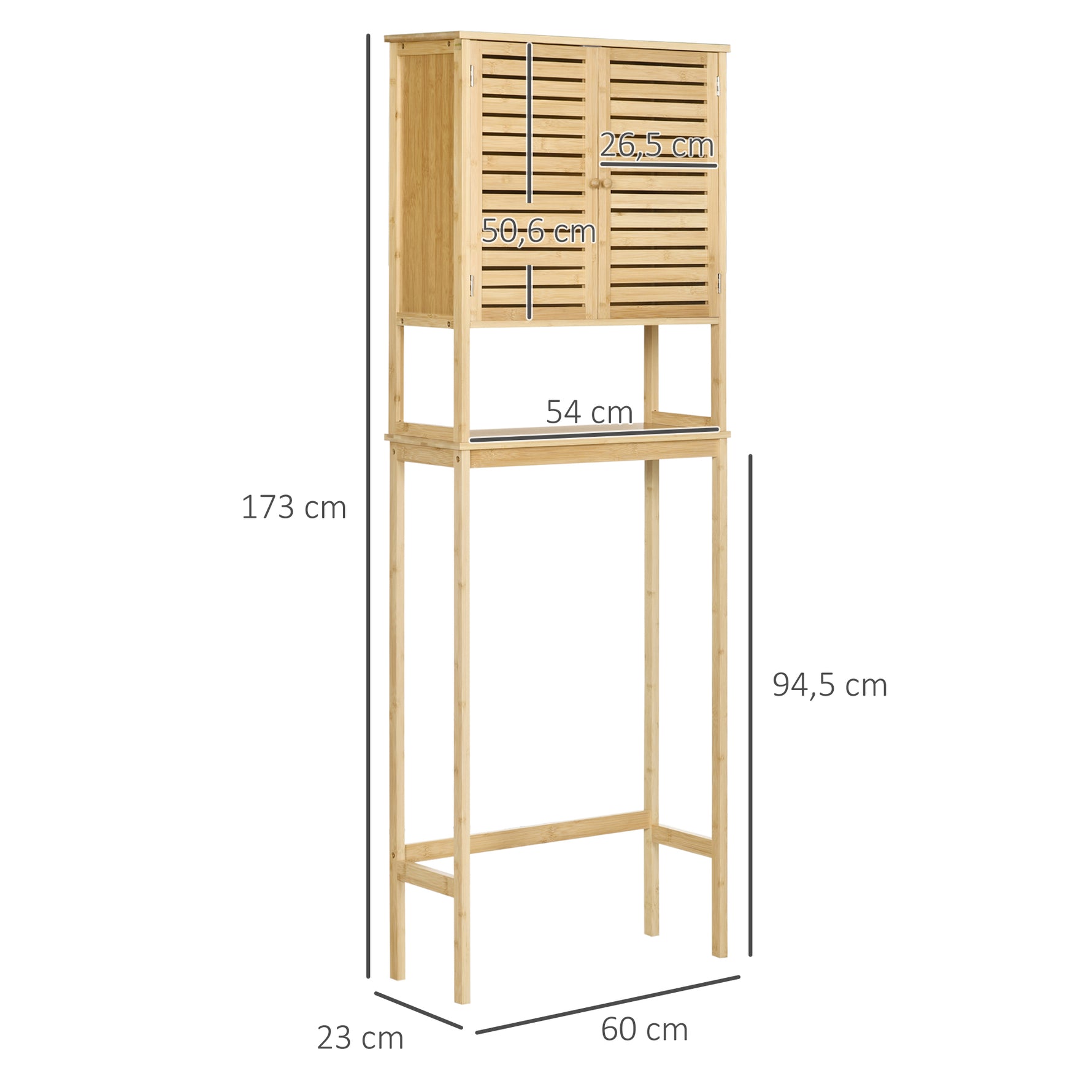 Étagère de toilettes meuble de salle de bain dessus toilette WC avec placard 2 portes et étagère ouverte 60 x 23 x 173 cm bambou