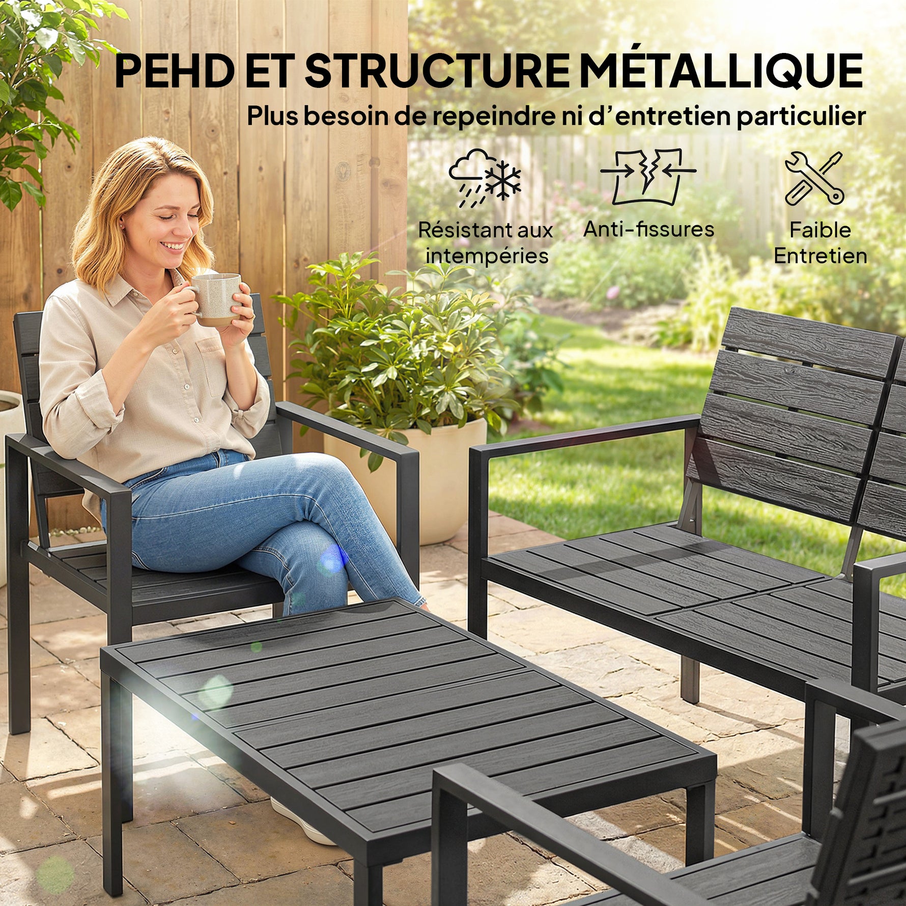 Salon de Jardin Extérieur 4 Pièces, Canapé 2 Places, 2 Chaises, Table Basse, Mobilier de Jardin en HDPE Effet Bois Noir