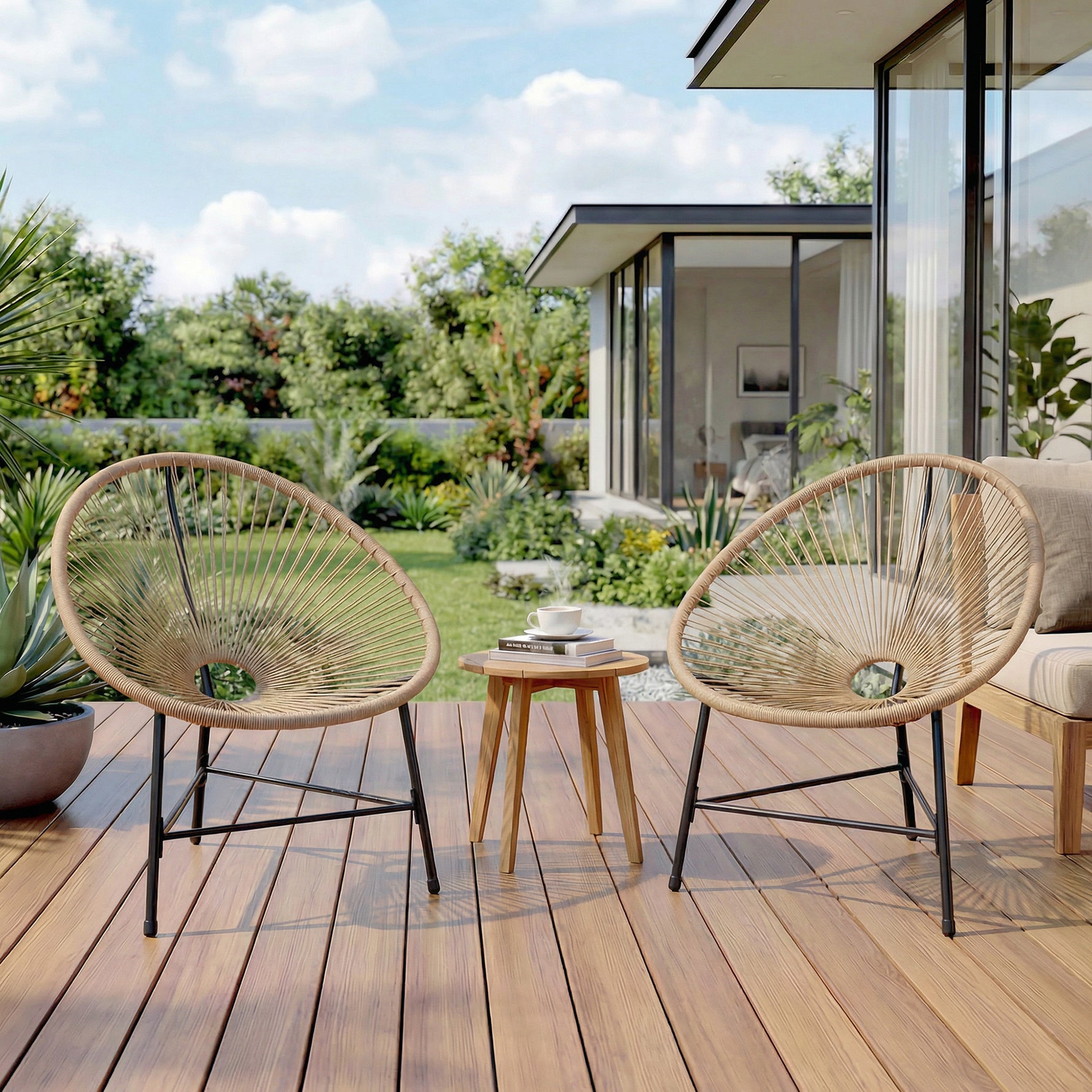 Lot de 2 Fauteuils de Jardin Acapulco Résine Tressée, Structure Triangulaire en Acier, Charge 120 kg, 72x68x81cm, Naturel