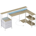 Bureau d'angle avec prises et lumières LED RGB, bureau d'ordinateur, 172 x 100 cm, support d'écran, 2 tiroirs, blanc