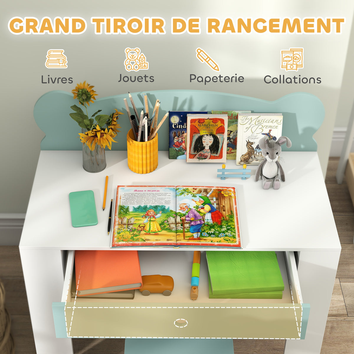Bureau enfant avec chaise, table enfant et chaise avec tiroir et large plateau, 80 x 41 x 74,5 cm, vert