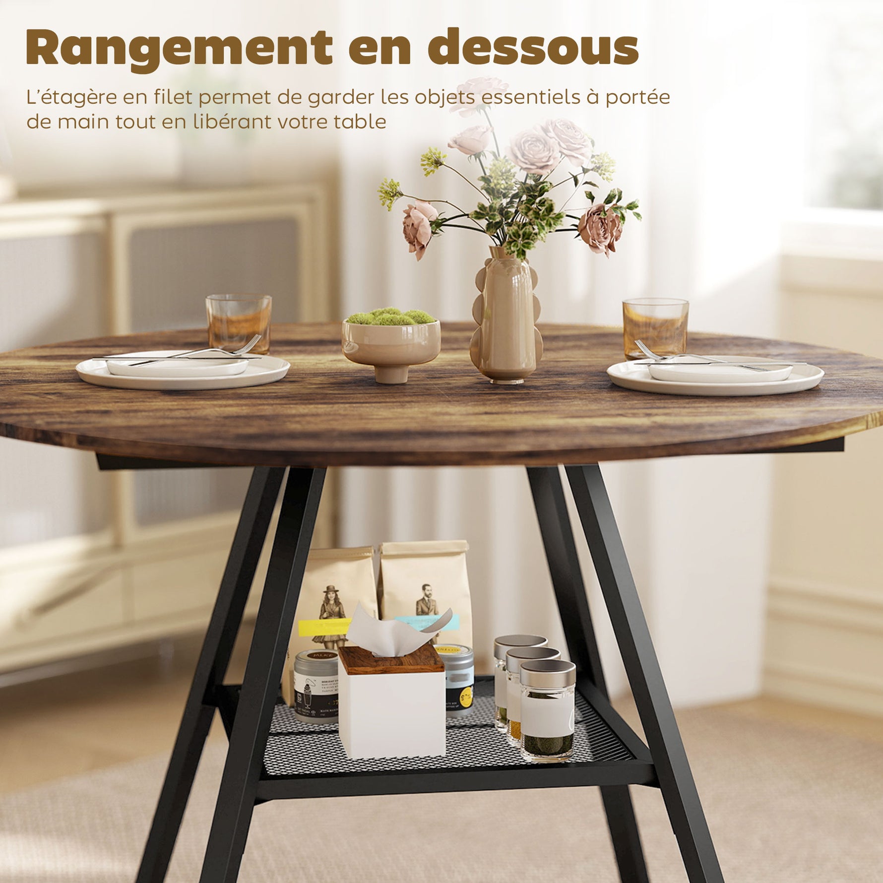 Table à manger ronde pour 4 personnes, Ø 100 x 76 cm, table de cuisine avec large plateau et étagère, brun rustique