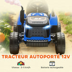 Tracteur électrique enfants avec remorque amovible, voiture électrique enfants, télécommande 2,4G, 139x58x55cm, bleu