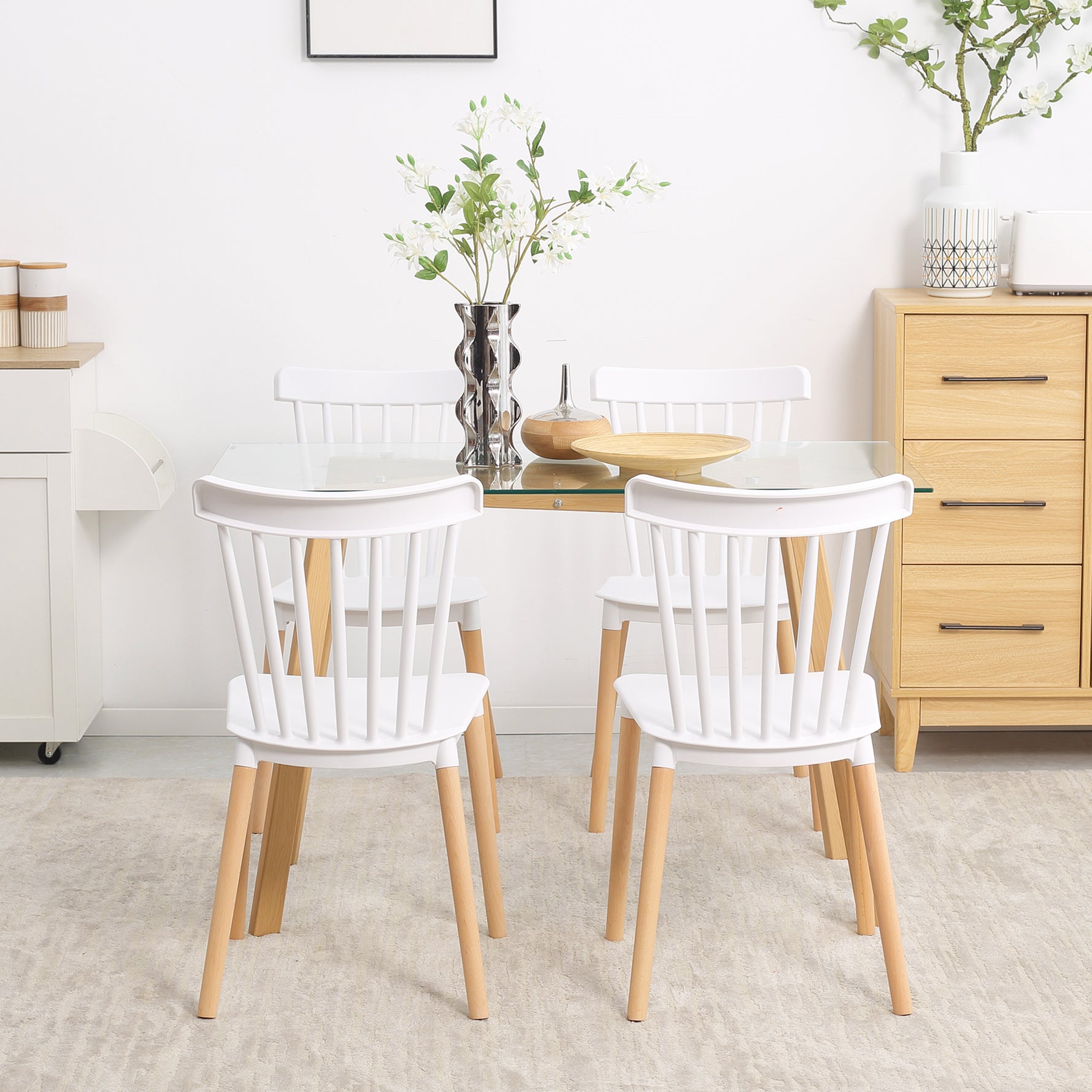 Lot de 4 chaises style scandinave dossier haut assise en polypropylène pieds en hêtre 48 x 52,5 x 83 cm blanc