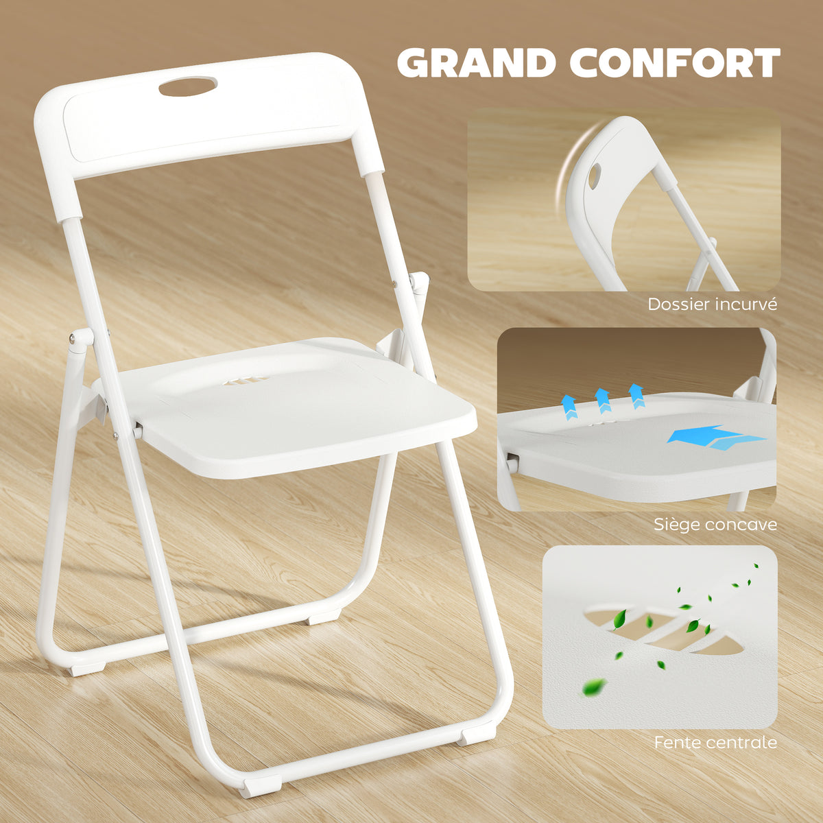 Lot de 6 chaises pliantes portables en plastique et acier, dossier incurvé, assise concave, 48,5 x 47 x 75 cm, blanc