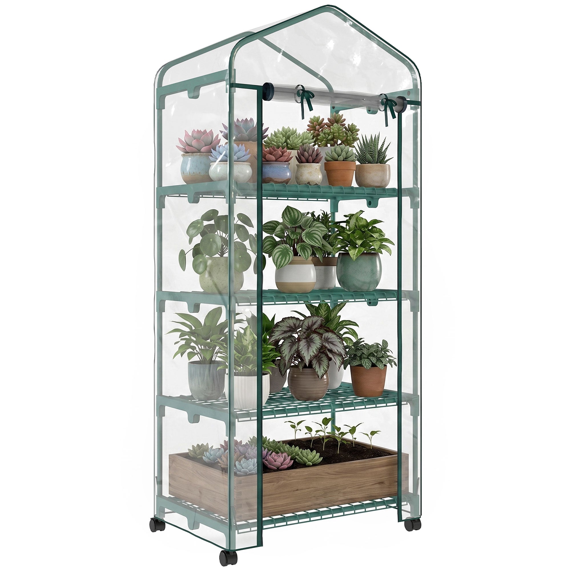 Serre de jardin avec étagères 4 niveaux, serre de balcon, bâche renforcée, châssis en acier, porte zippée, pour légumes plantes fleurs, intérieur et extérieur, 69 x 50 x 165 cm, transparent
