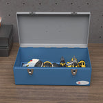 Caisse boite à outils en métal transportable avec 3 poignées, 2 loquets, dim. 50L x 26l x 18,5H cm, bleu