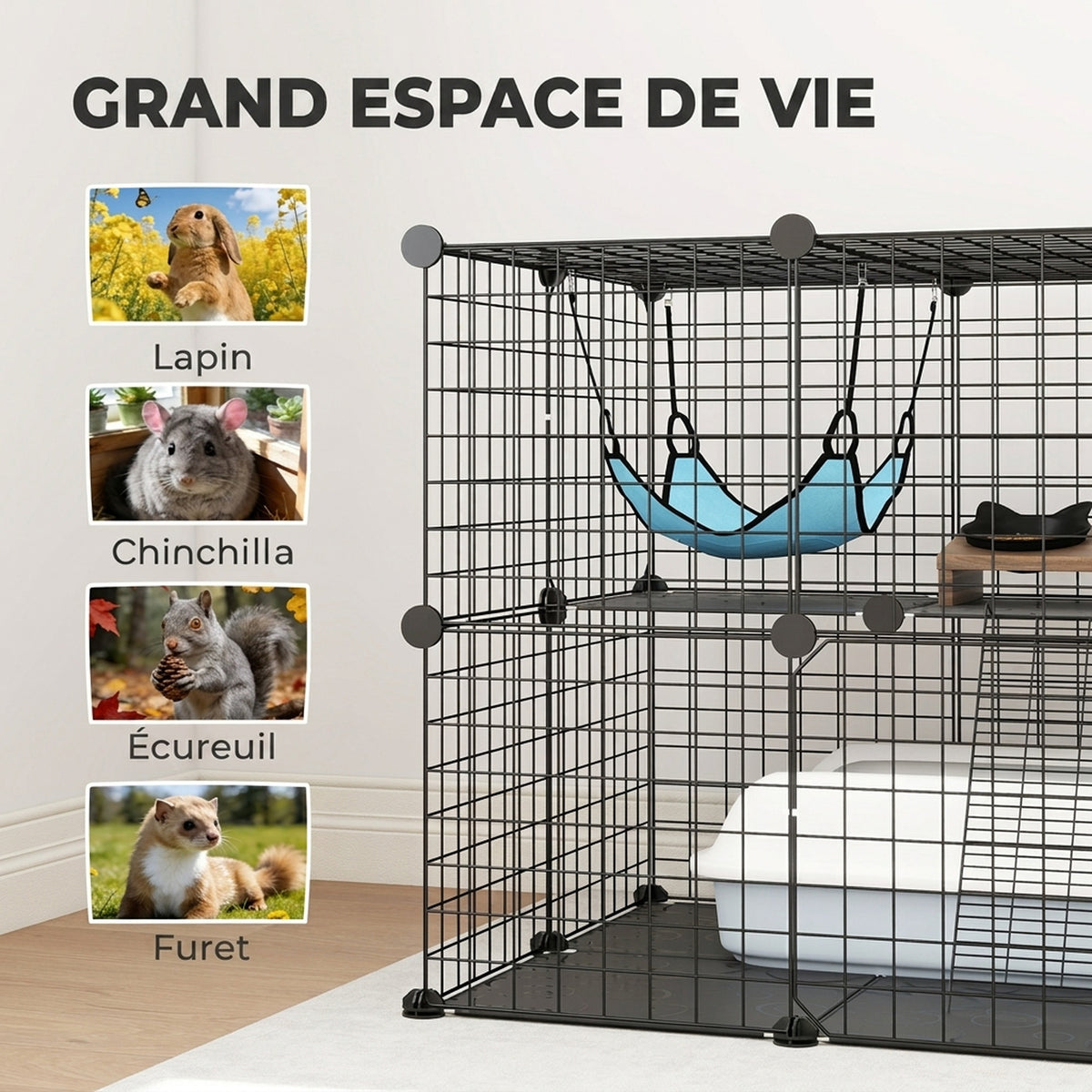 Cage Chat Intérieur Enclos Chat Modulable 2 Portes Hamac Échelle pour Petits Animaux de Compagnie 70x70x70cm Noir