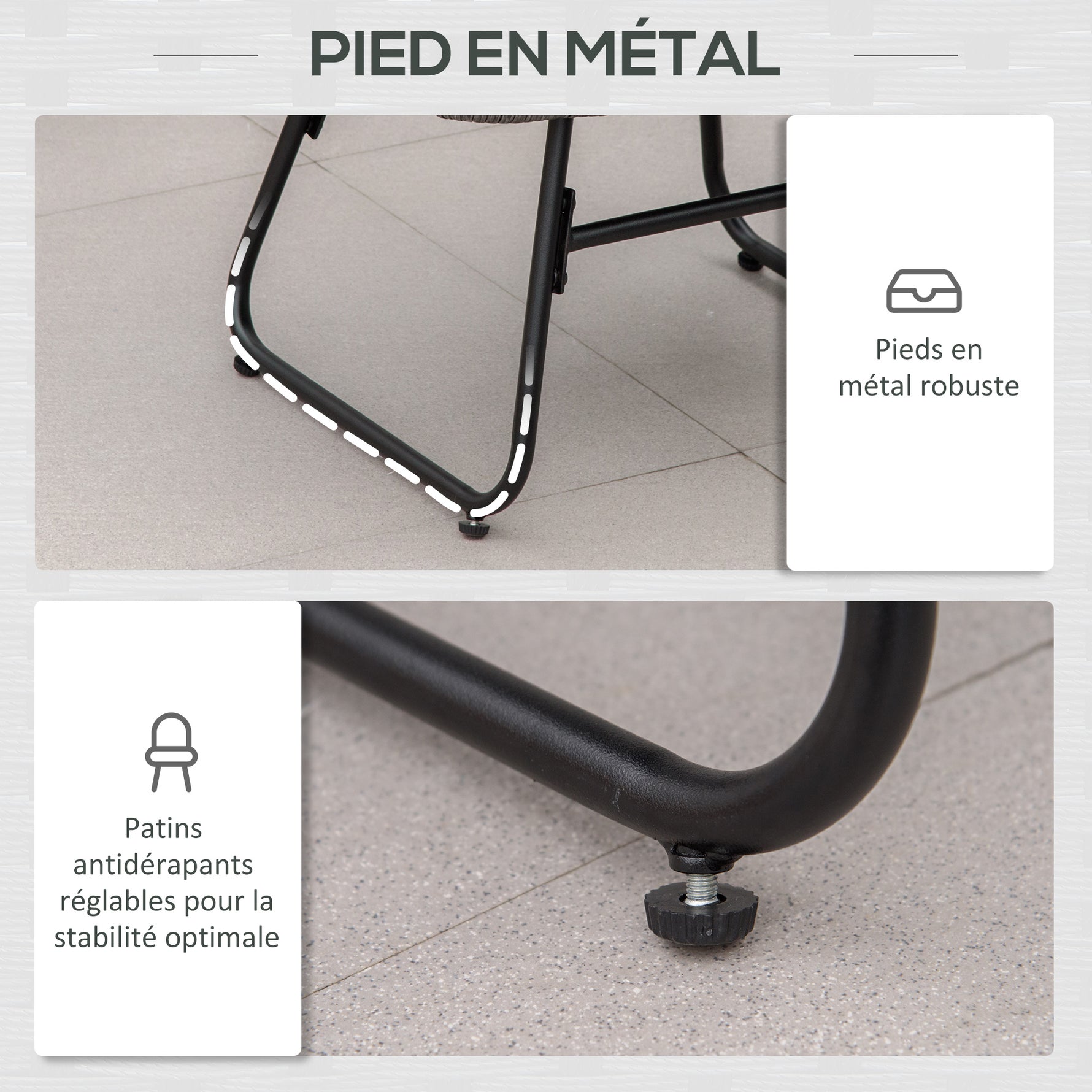 Fauteuil chaise de jardin avec repose-pieds en métal époxy et résine tressée aspect rotin avec coussins