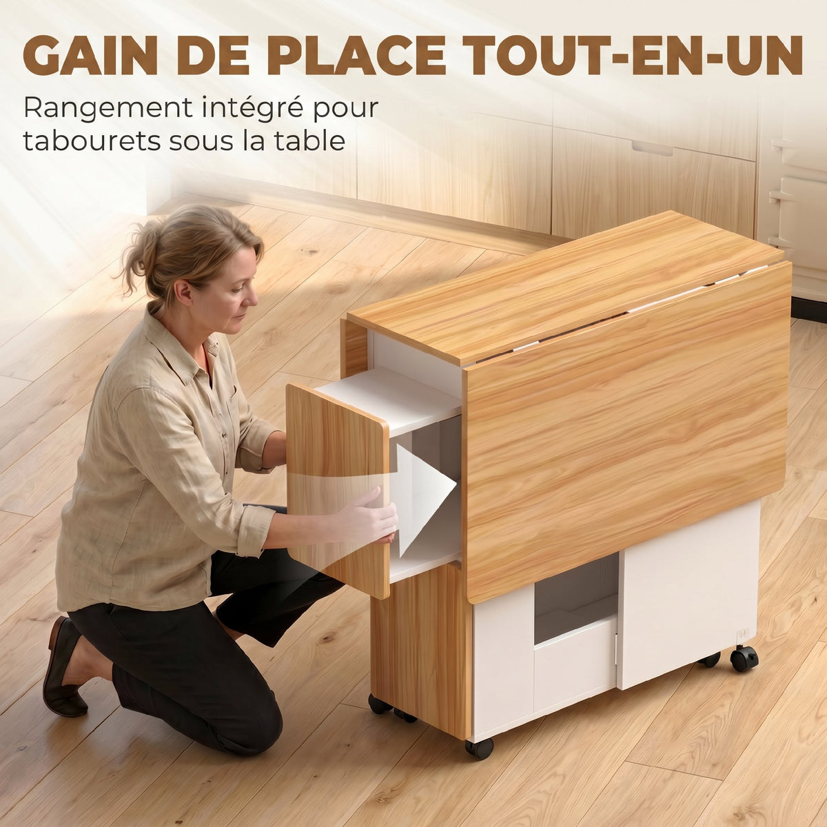 Ensemble table salle à manger pliante avec 4 chaises, table de cuisine avec chaises pour 4 personnes, roulettes, chêne-4