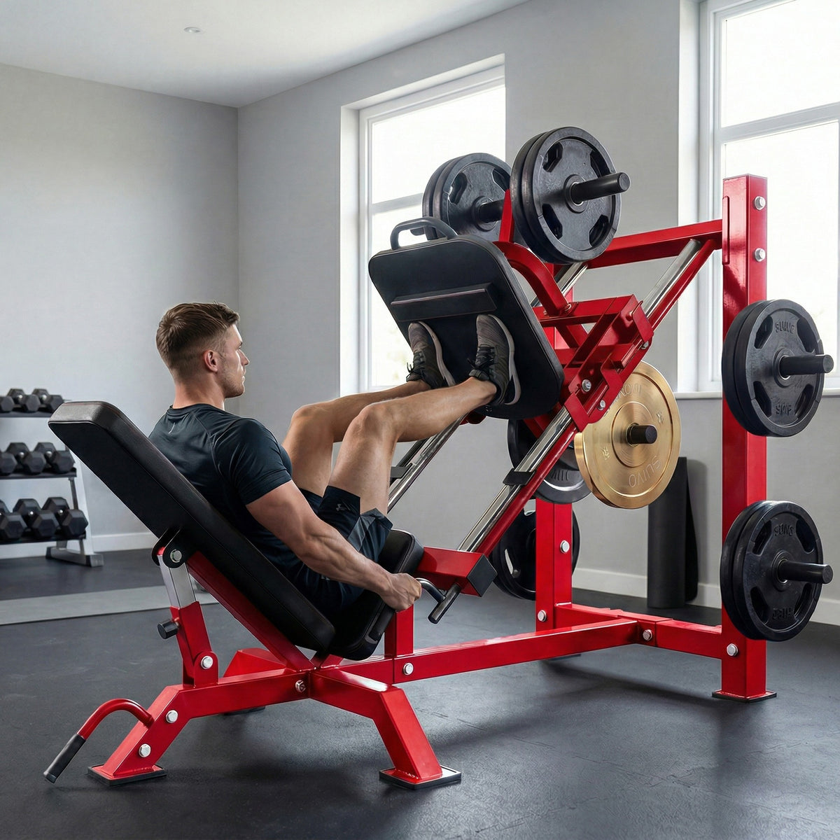 Pressa per gambe professionale, macchina per muscolazione gambe e hack squat 455kg, attrezzo regolabile 185x120x140cm rosso
