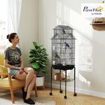 Cage à oiseaux sur pied, volière sur roulettes avec balançoire, support, design maison, 50,5 x 41 x 163 cm en acier noir