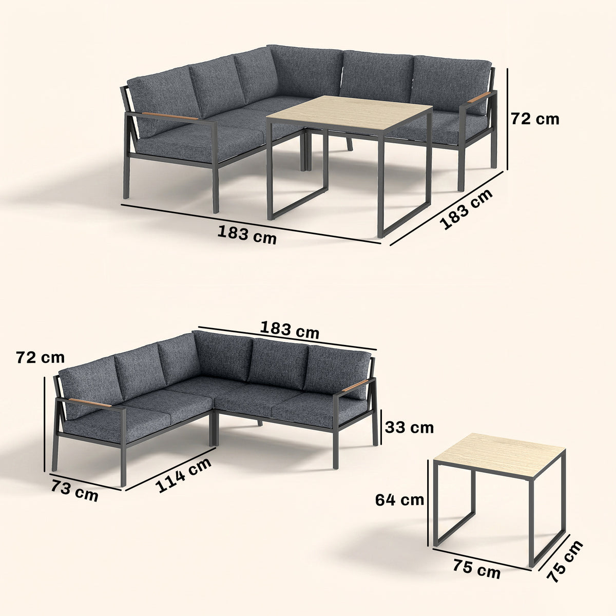 Salon de Jardin Extérieur 3 Pièces 5 Personnes, 2 Canapés avec Coussins Épais, 1 Table Basse, 183x183x72cm, Gris Foncé