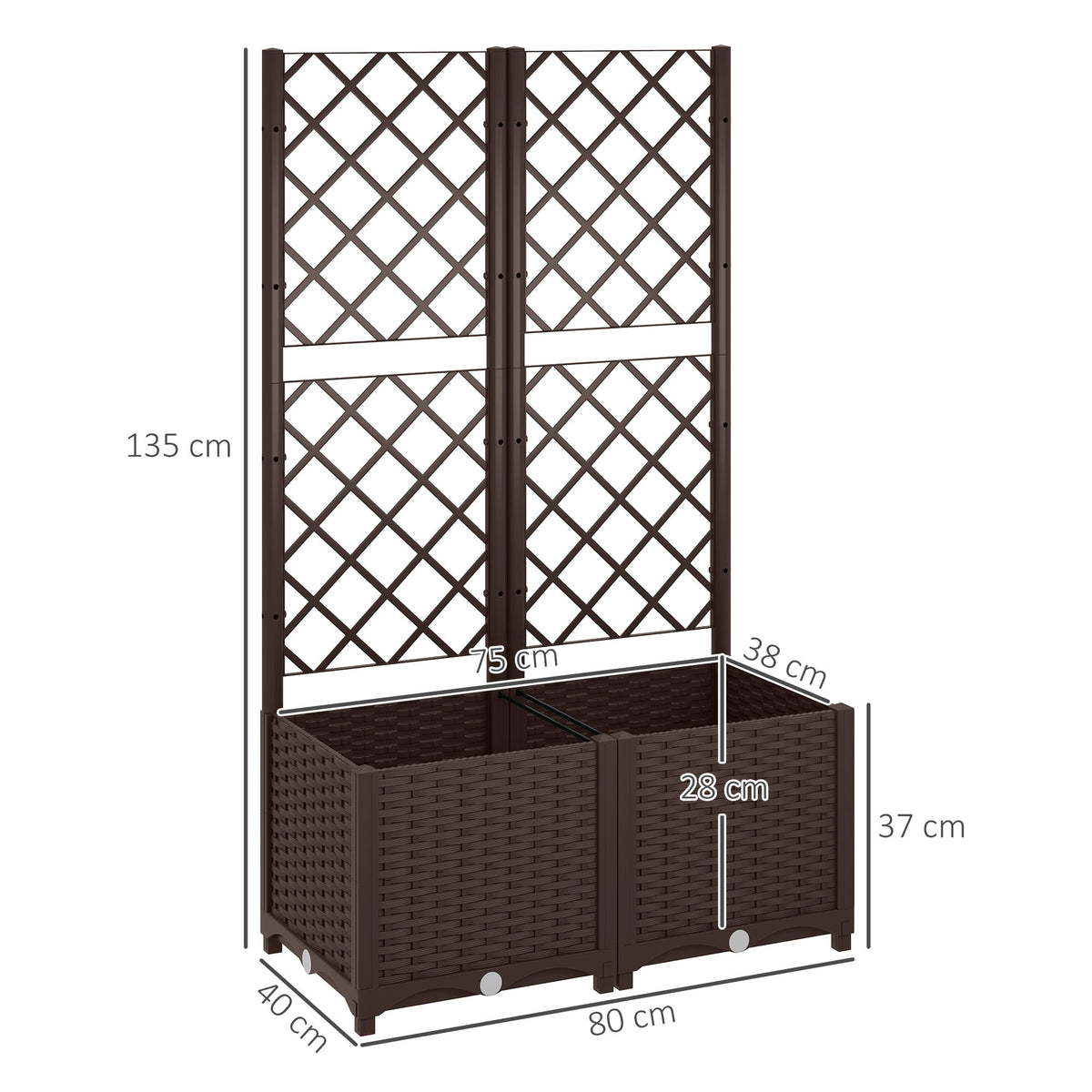 Jardinière avec treillis lit surélevé de jardin jardinière extérieure avec 6 trous de drainage 80 x 40 x 135 cm marron