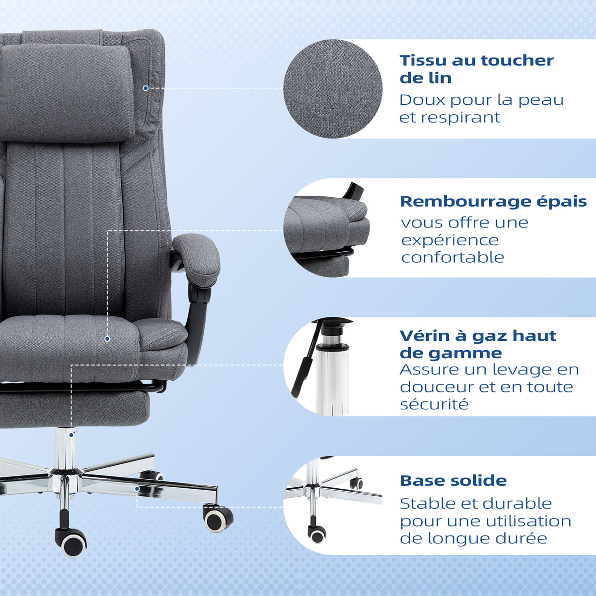 Chaise de bureau siège pivotant dossier inclinable hauteur réglable 65 x 61 x 105-113 cm gris