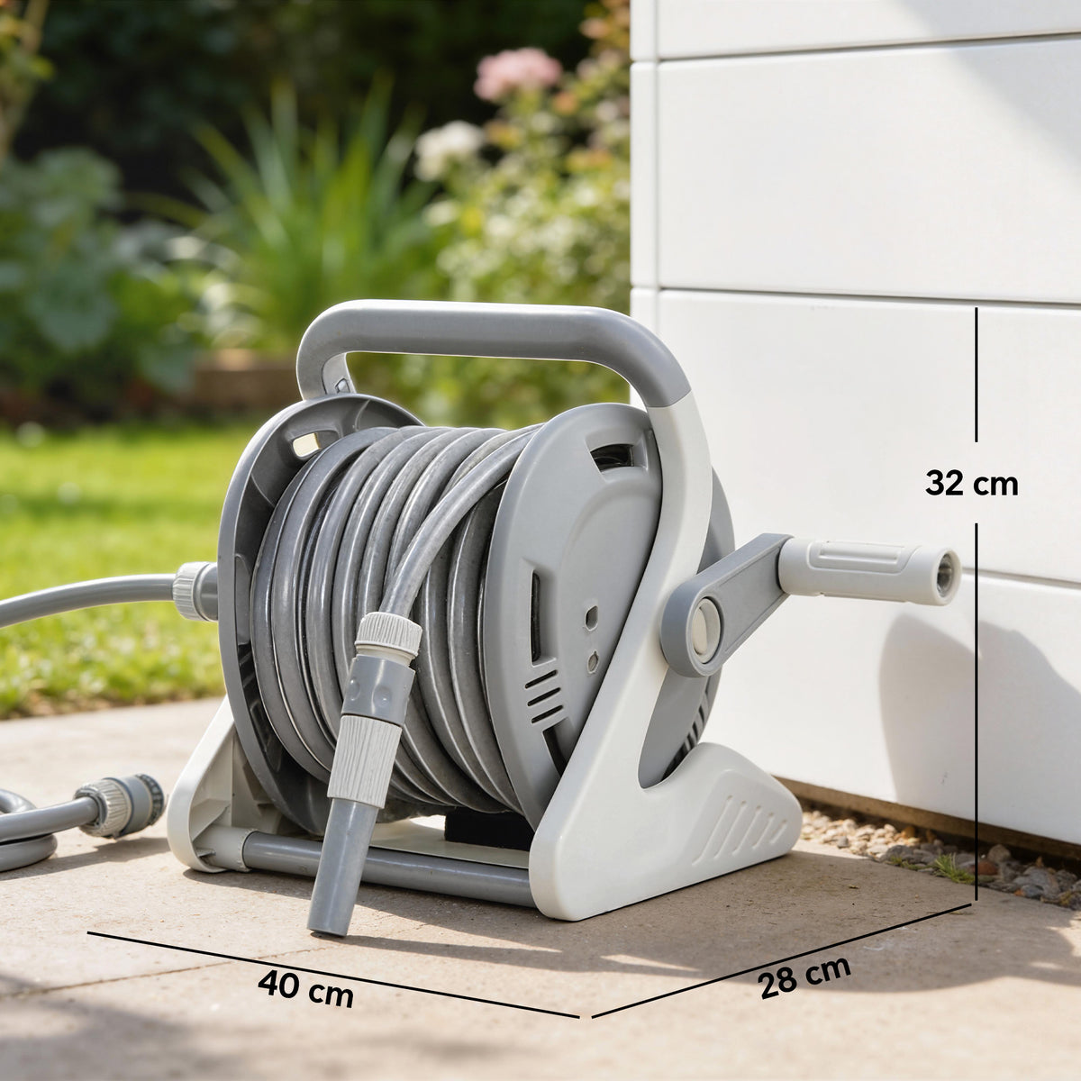 Wand-Schlauchbox 20+2 m x Ø 15 mm, tragbarer Gartenschlauch-Aufroller, Sprühdüse mit 2 Modi, Grau