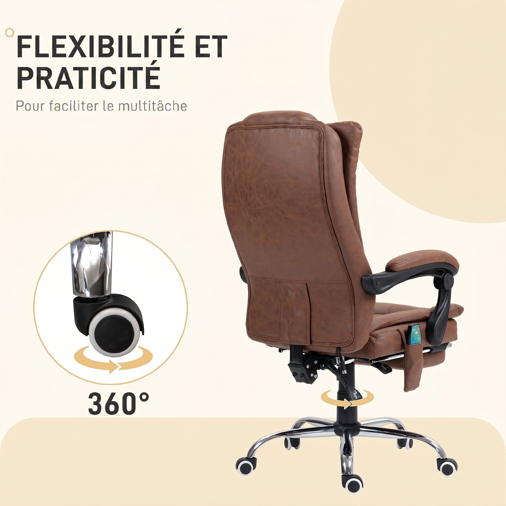 Massage and heating office chair with adjustable height, reclining backrest, footrest and remote control, brown
