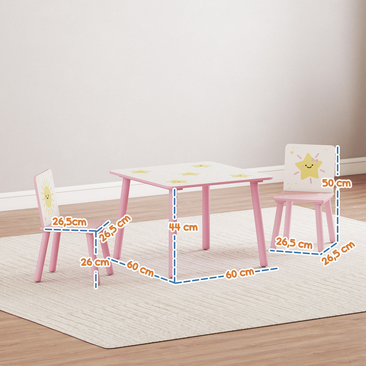 Mesa infantil con silla, juego de mesa y 2 sillas infantiles de madera, motivos de estrellas, 60 x 60 x 44 cm, rosa