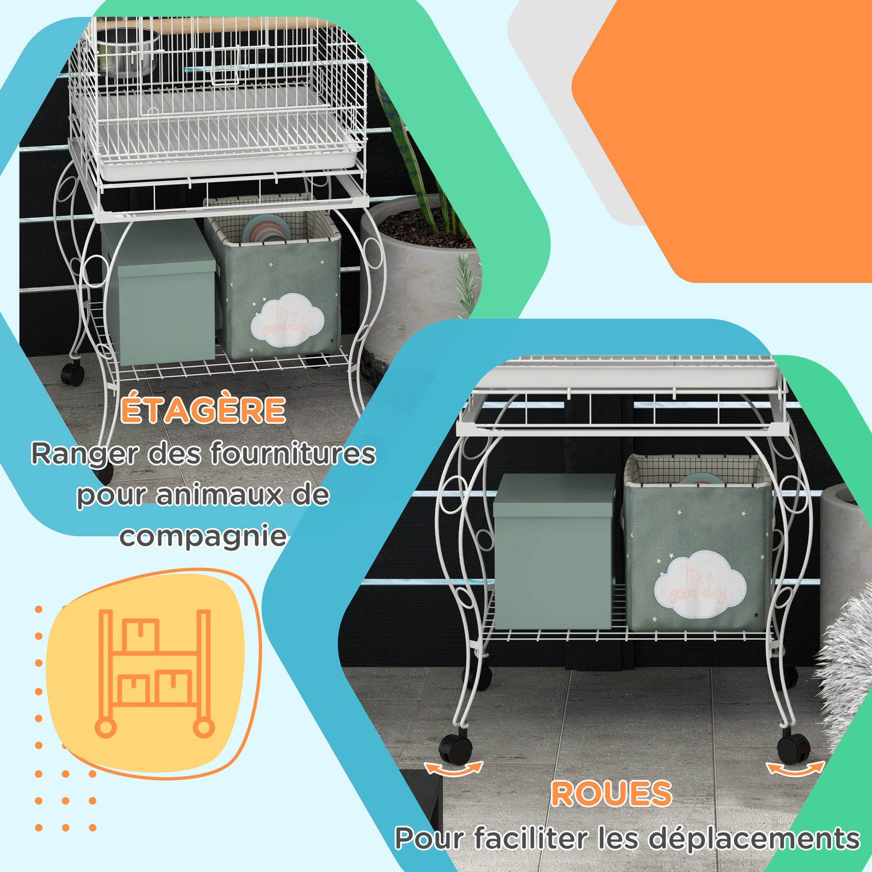 Cage à oiseaux sur roulettes avec étagère plateau amovible 2 bols perchoir acier inoxydable 51 x 51 x 153 cm blanc