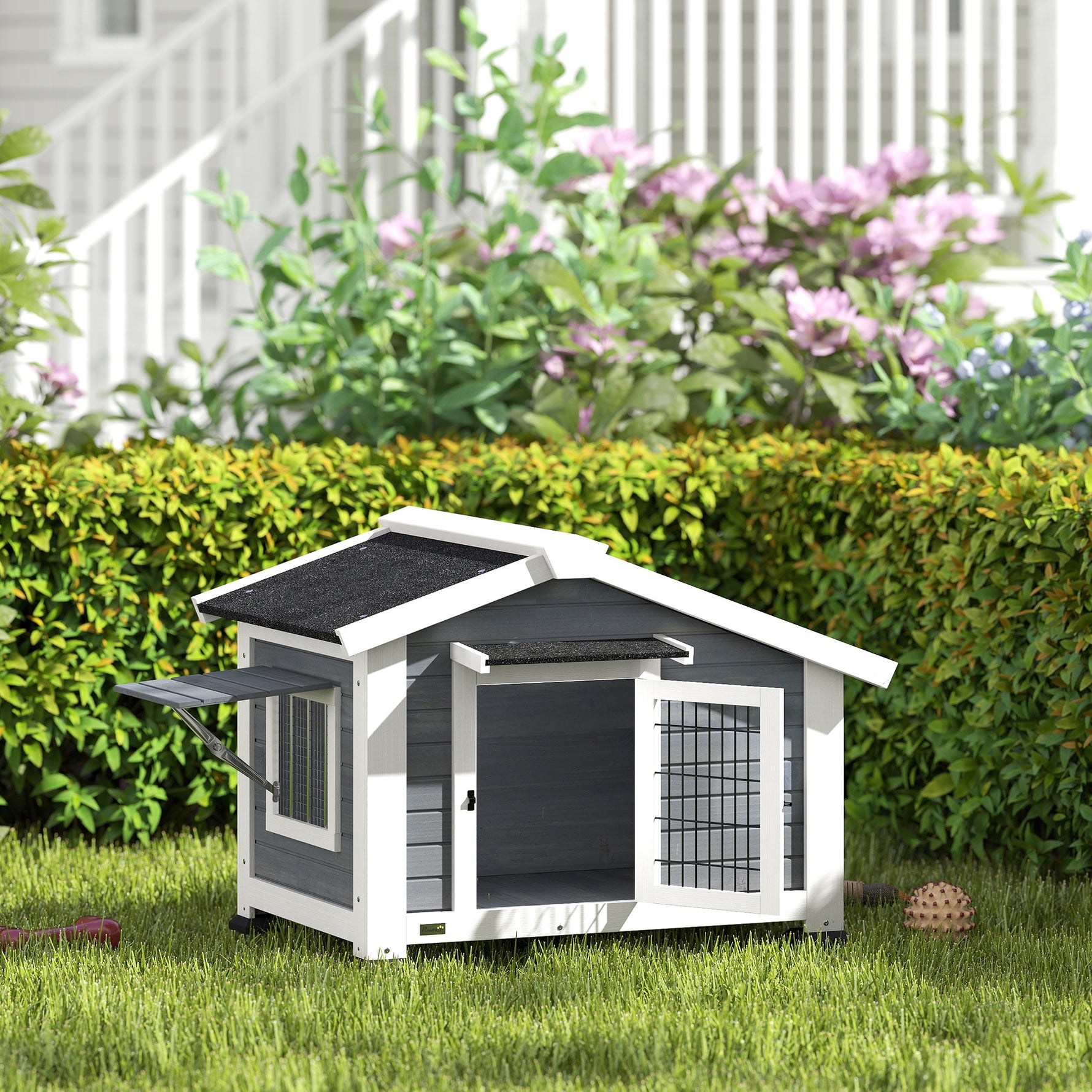Niche pour Chien Extérieur Abri Jardin Surélevé Plancher Amovible Auvent de Porte et Toit Imperméable 98x76x69,5cm Gris