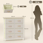 Cassettiera a 8 cassetti in tessuto, mobile contenitore con 4 tasche, 2 ganci, struttura in acciaio, 86 x 30 x 94,5 cm, beige