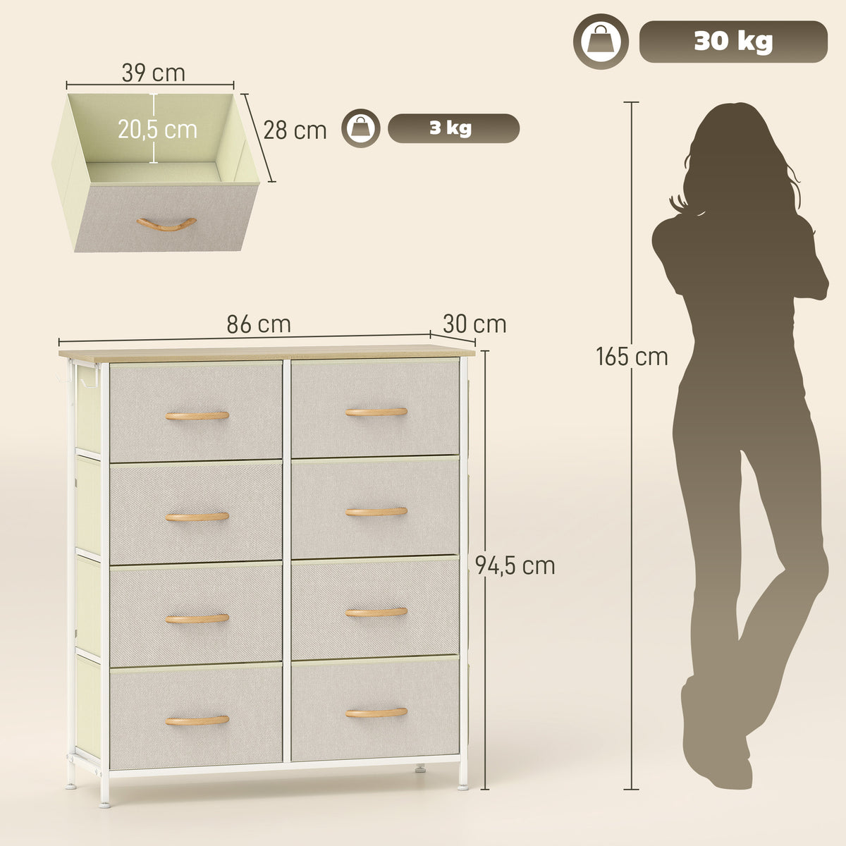 Cassettiera a 8 cassetti in tessuto, mobile contenitore con 4 tasche, 2 ganci, struttura in acciaio, 86 x 30 x 94,5 cm, beige