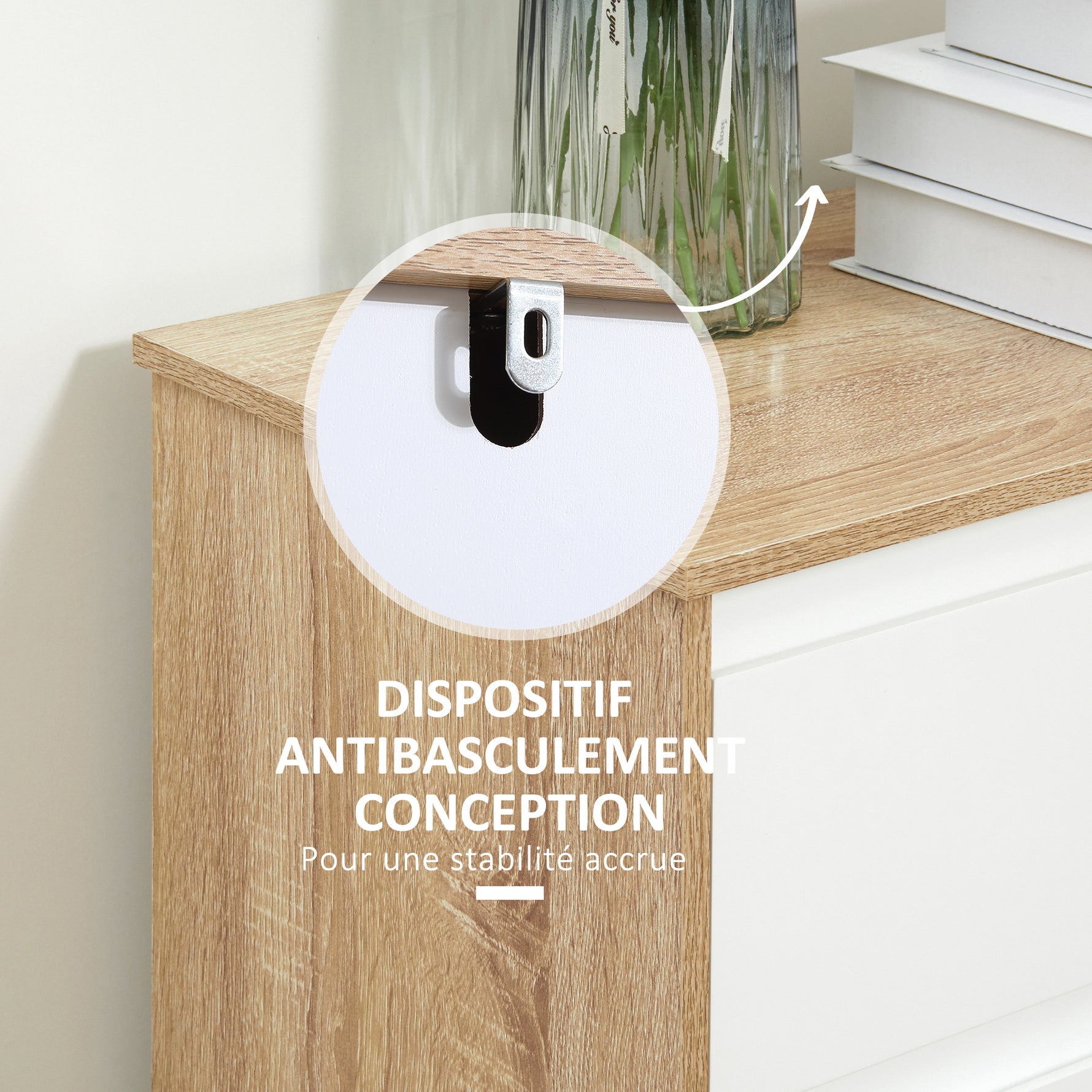 Meuble de salle de bain, meuble de rangement, tiroir et placard double porte, 60x30x90cm, blanc et effet bois naturel