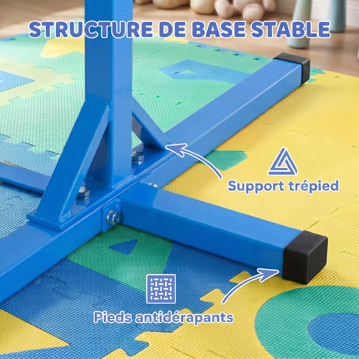 Barre fixe de gymnastique enfant - barre de gymnastique hauteur réglable 13 niveaux 92 à 150 cm - acier bleu bois hêtre