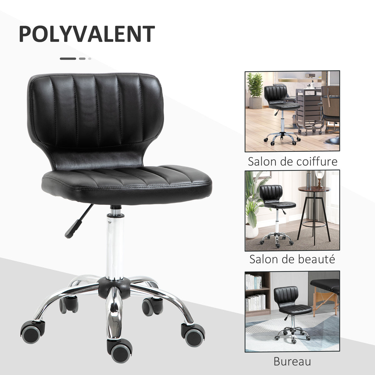 Rolkruk - draaibare werkstoel 360° - ergonomische kruk - verstelbare zithoogte 47-62 cm - zwarte gewatteerde kunstlederen bekleding, verchroomd metaal