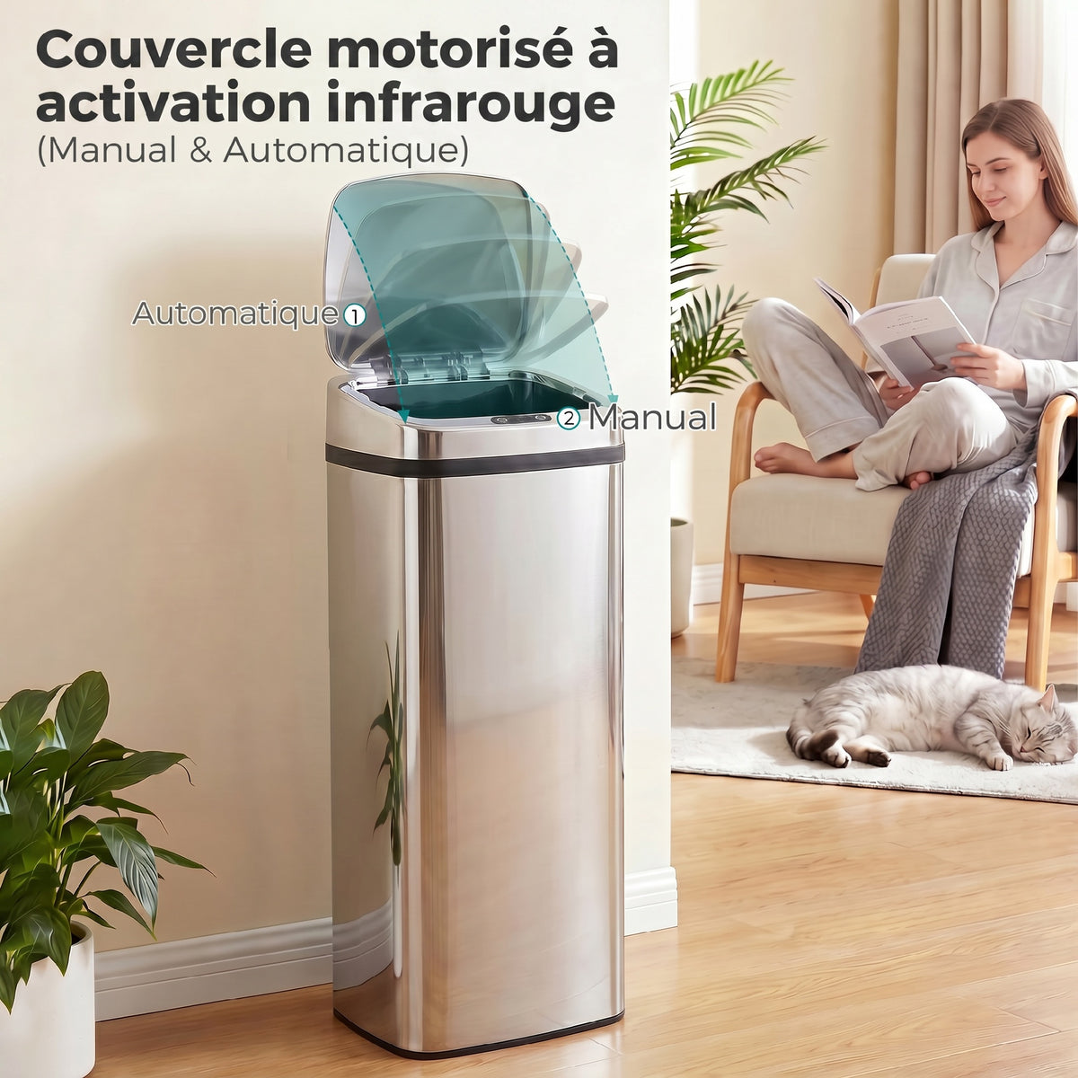 Cubo de basura con sensor de movimiento de apertura automática, 1 compartimento de 50 L, de acero inoxidable
