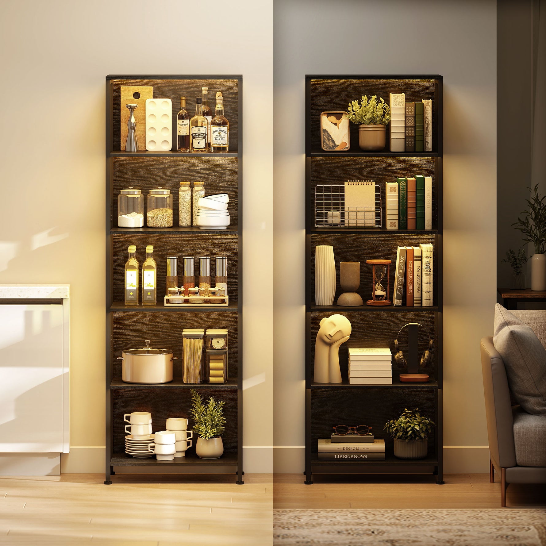 Bibliothèque étagère de rangement à 5 niveaux avec éclairage LED 7 couleurs, structure en acier, 60 x 30 x 179 cm, noir