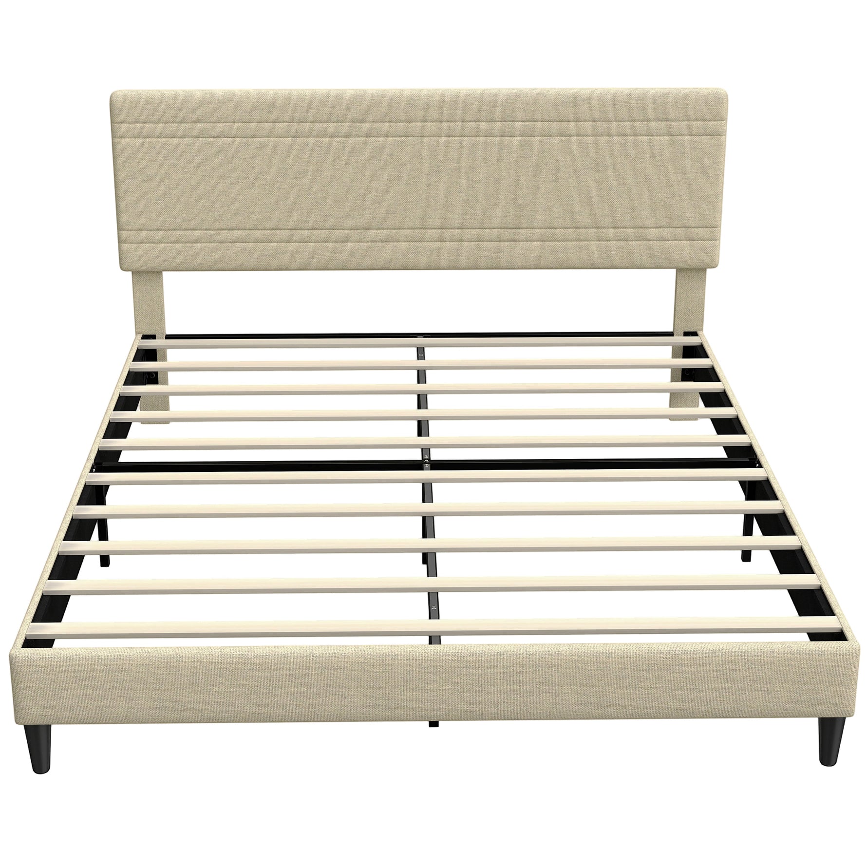 Cadre de Lit 160 x 200 cm avec Sommier en Bois, Rembourré en Effet Lin, Cadre en Acier, 9 Pieds Robustes, Beige