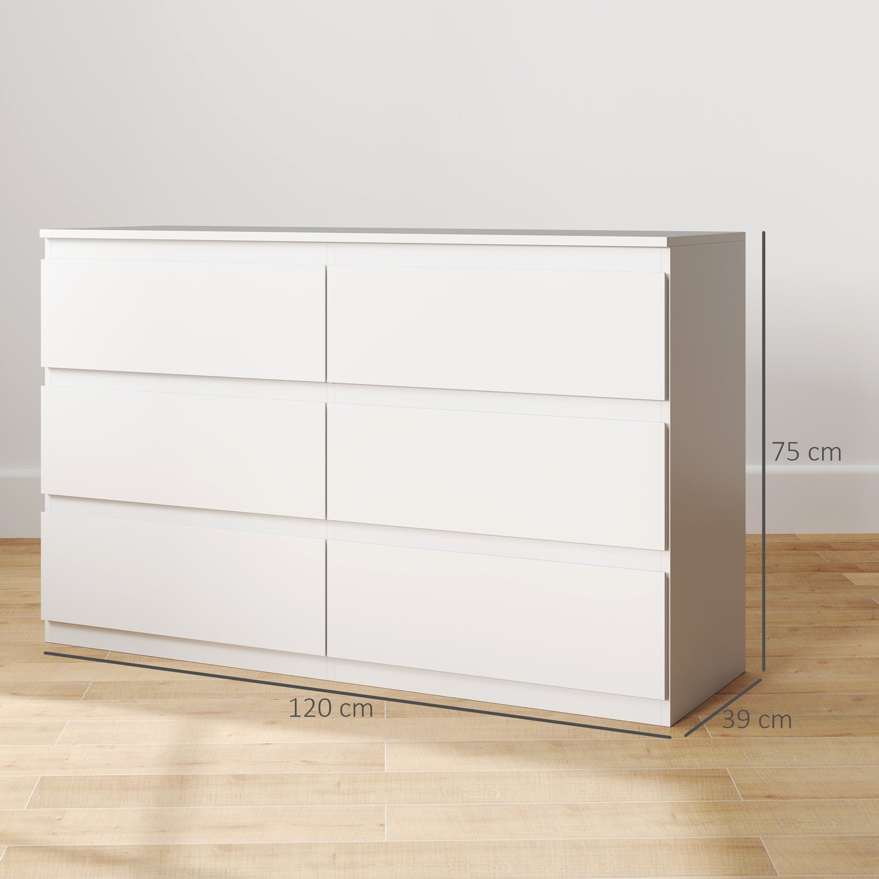 Commode 6 tiroirs meuble de rangement sans poignées design minimaliste 120 x 39 x 75 cm blanc
