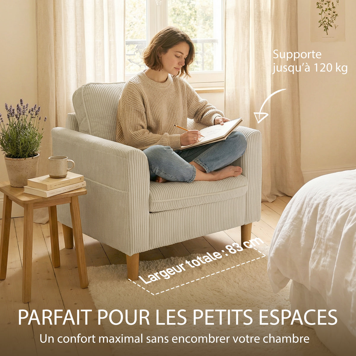 Fauteuil de salon en velours côtelé, canapé 1 place rembourré avec assise large et coussin à ressorts, 83x74x87cm, beige