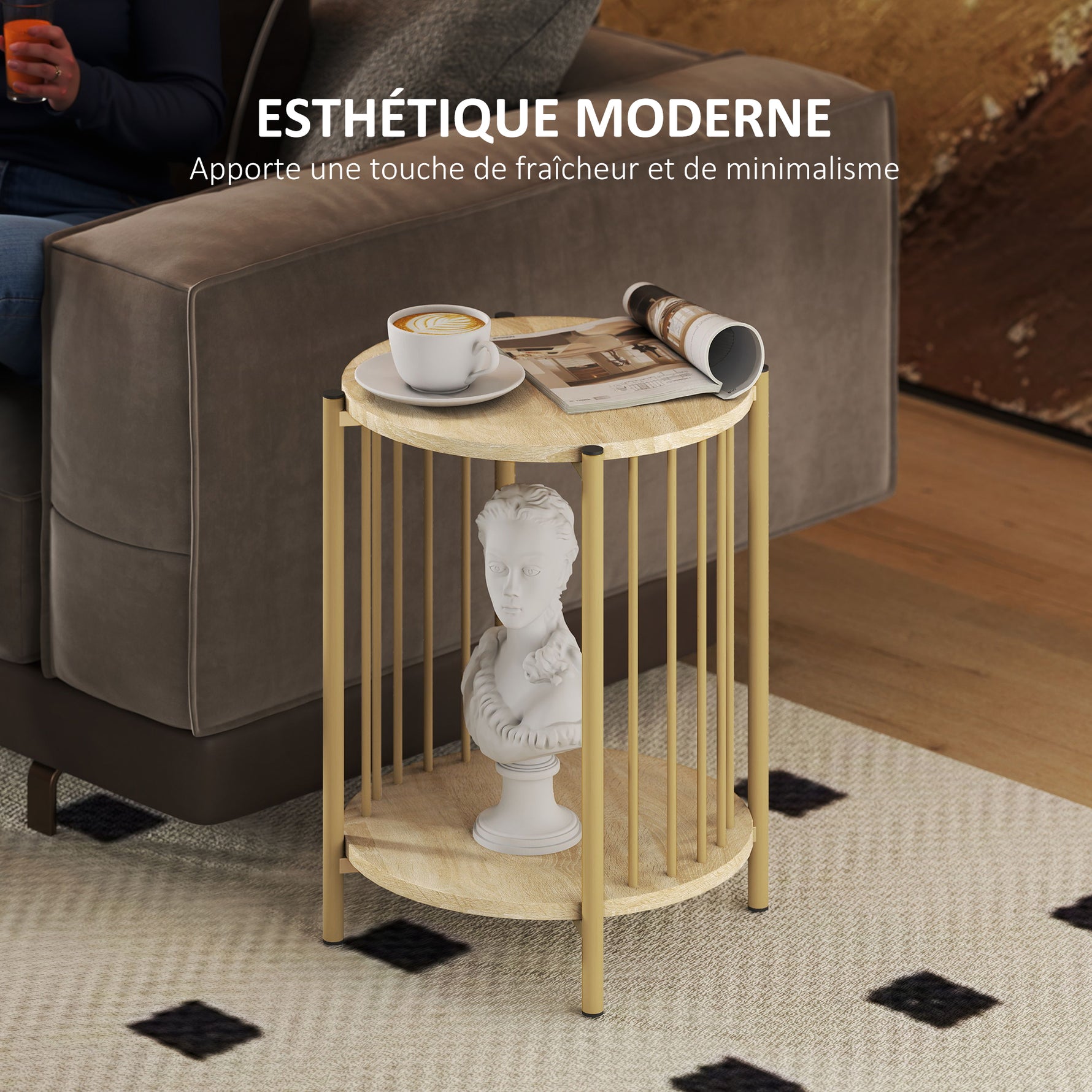 Table d'appoint, bout de canapé à 2 niveaux avec étagère de rangement et cadre en acier, Ø 41 x 49 cm effet bois naturel