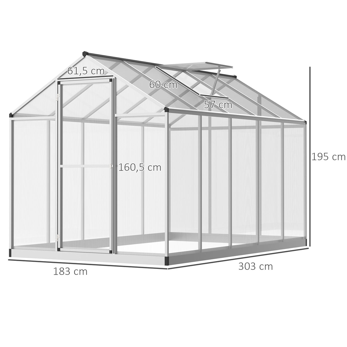 Serre de jardin en aluminium polycarbonate, serre avec fenêtres supérieures réglables, porte battante, abri extérieur résistant aux intempéries pour plante fleur, 303x183x195 cm, transparent