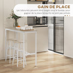 Ensemble table haute de bar + 2 tabourets structure en acier plateau aspect bois naturel 2 personnes blanc
