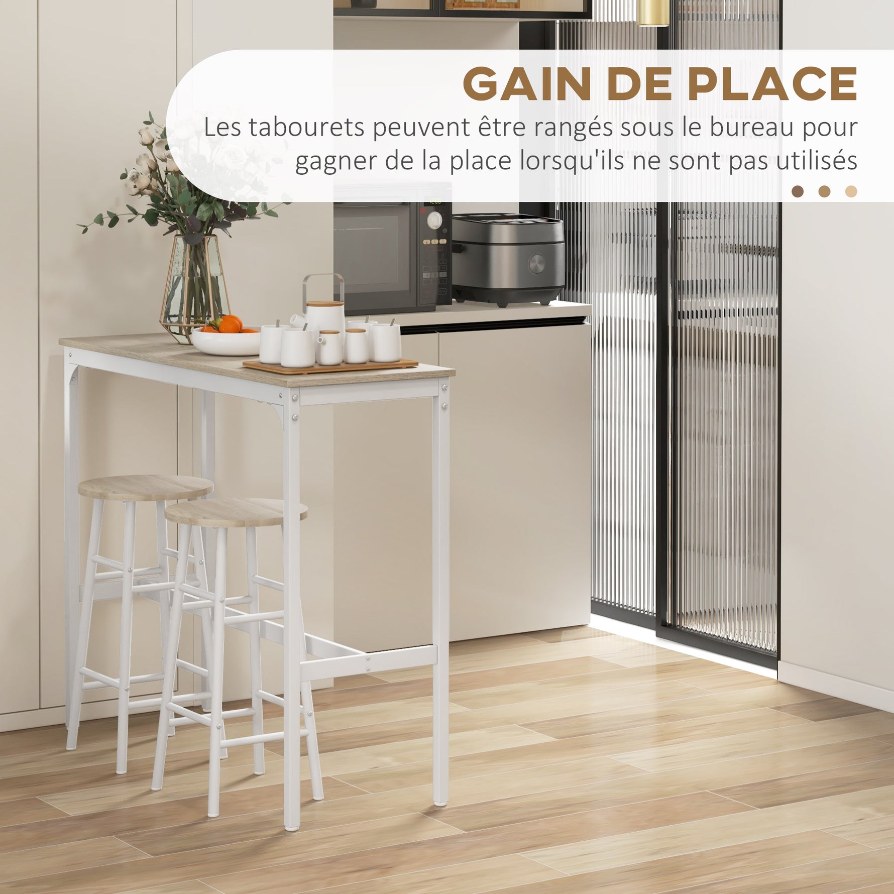 Ensemble table haute de bar + 2 tabourets structure en acier plateau aspect bois naturel 2 personnes blanc
