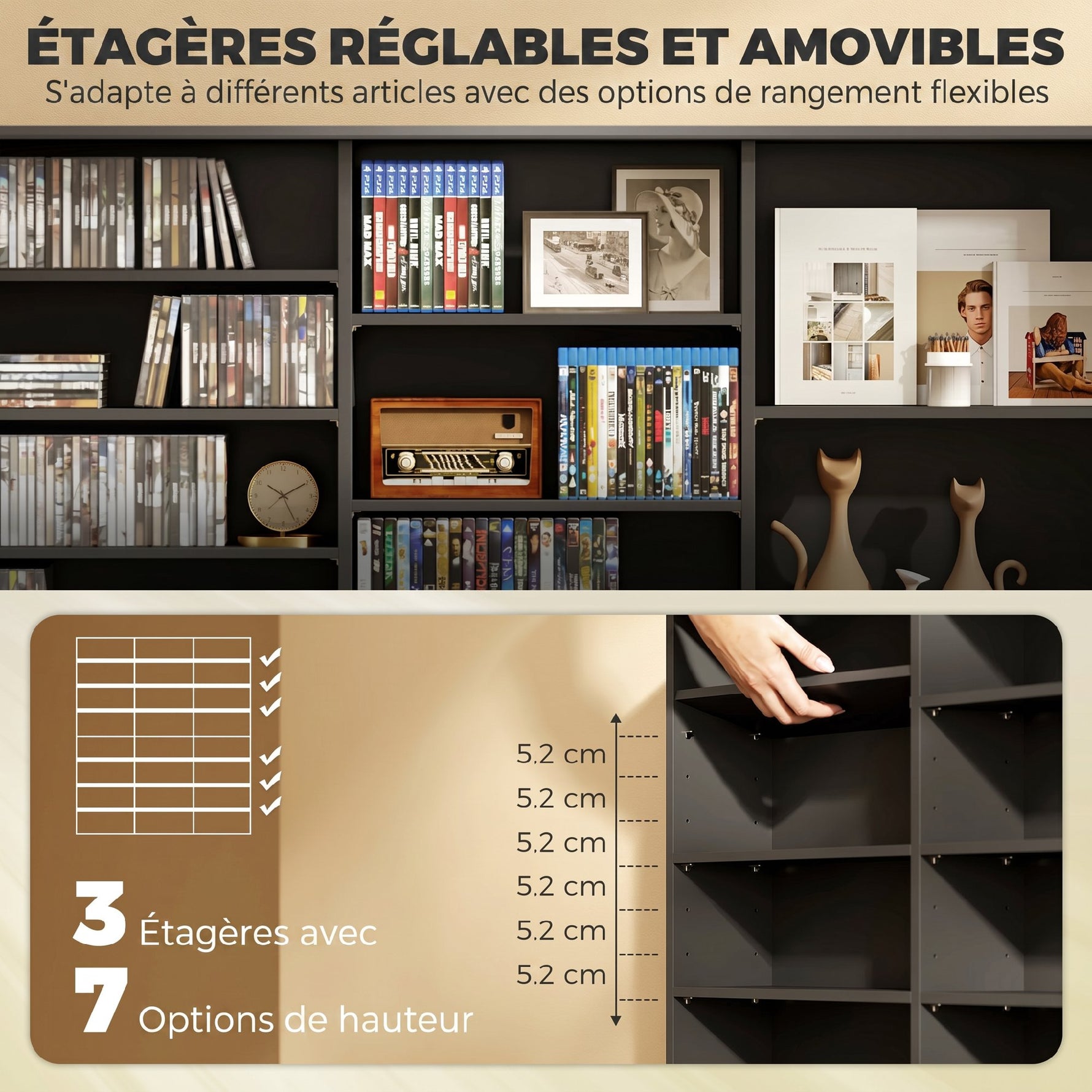 Meuble de rangement 1032 CDs / 594 DVDs, étagère multimédia, 24 compartiments et 18 étagères ajustables, noir