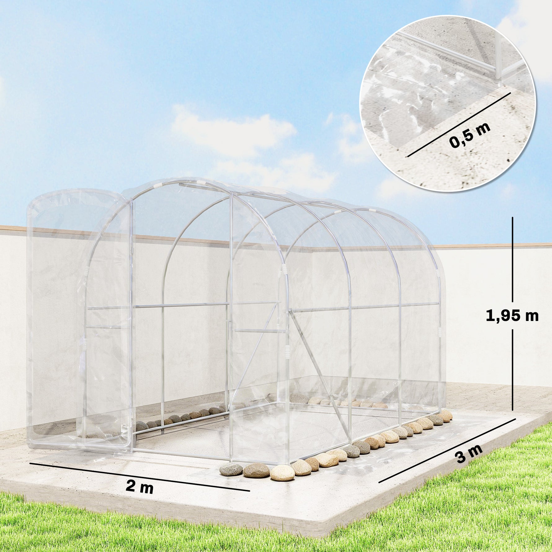 Serre de jardin tunnel 3 x 2 x 2 m 6 m² avec porte à charnières bâche en PE 150 g/m² pour Légumes Plantes Fleurs