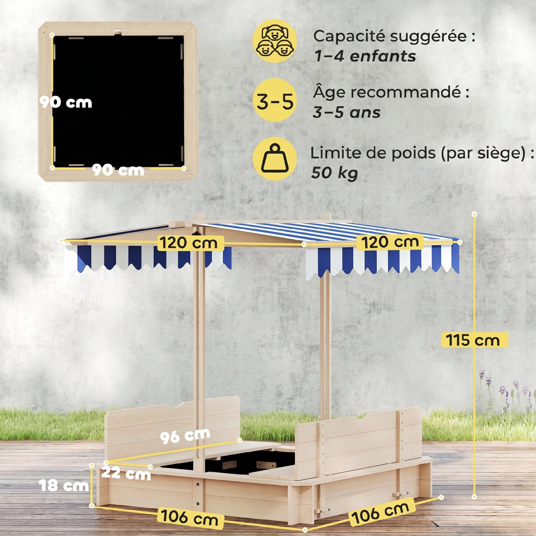 Bac à sable carré en bois pour enfants dim. 106L x 106l cm avec bancs et couvercle - auvent réglable