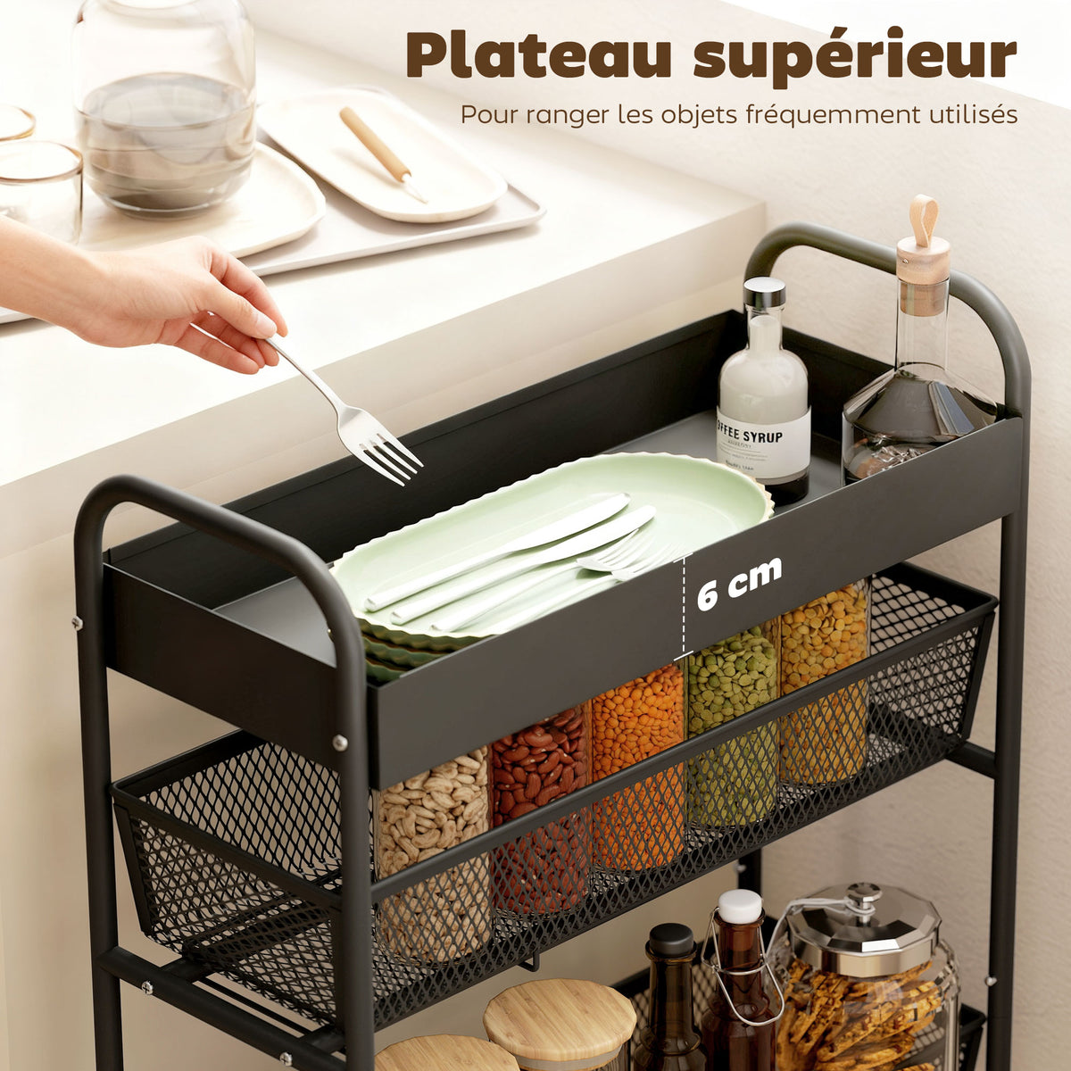 4-stufiger Servierwagen, Rollwagen, 3 ausziehbare Körbe, oberer Korb 19 x 43,2 x 80 cm, schwarz