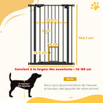 Barrière de sécurité animaux de 104H cm conception haute avec porte chat fermeture automatique système de double verrouillage sans percage de 74 à 80 cm acier noir