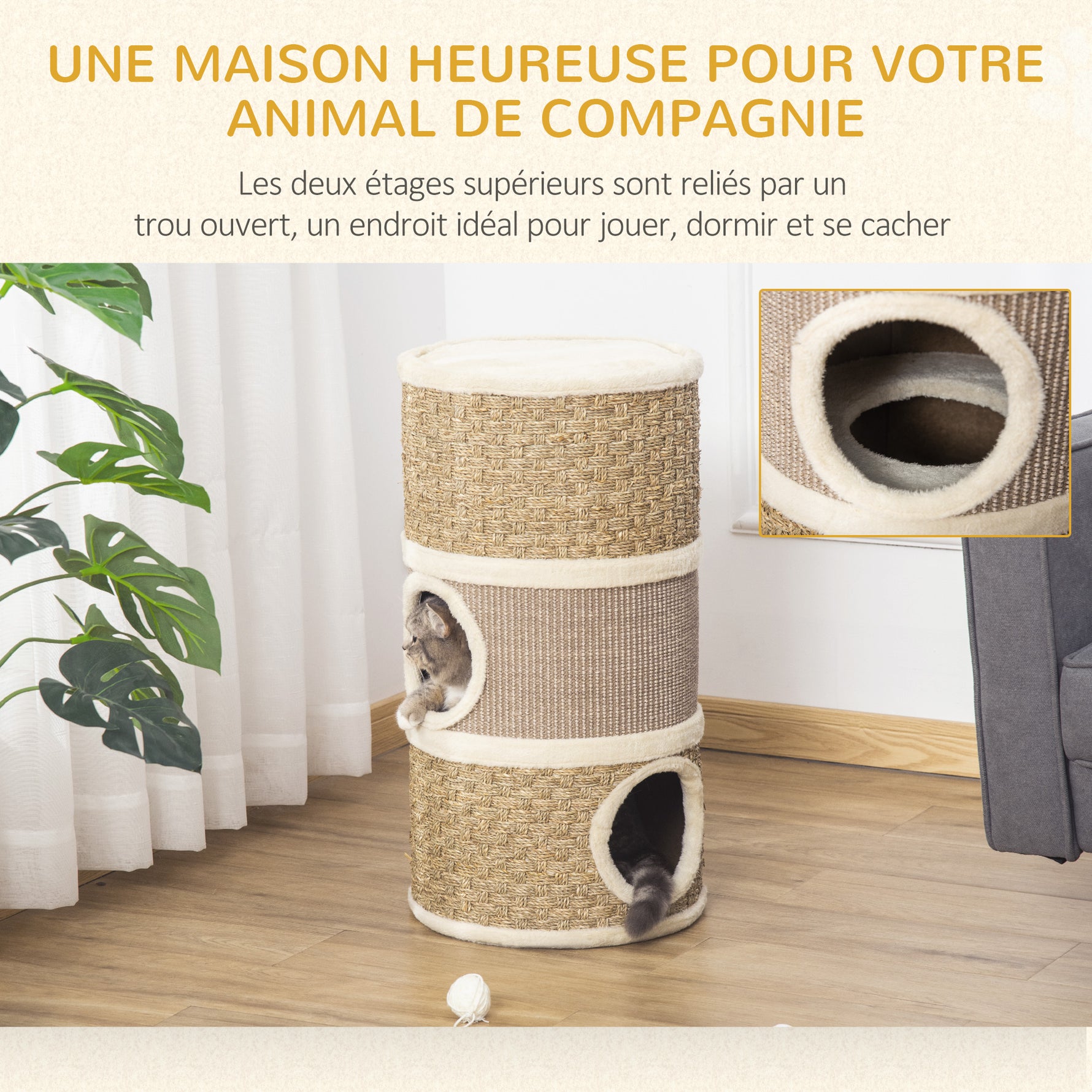 Tonneau à Gratter pour Chat, Arbre à Chat Sisal Naturel et Herbiers Marins Recouvert de Peluche, 37,5 x 37,5 x 70 cm, Kaki et Café
