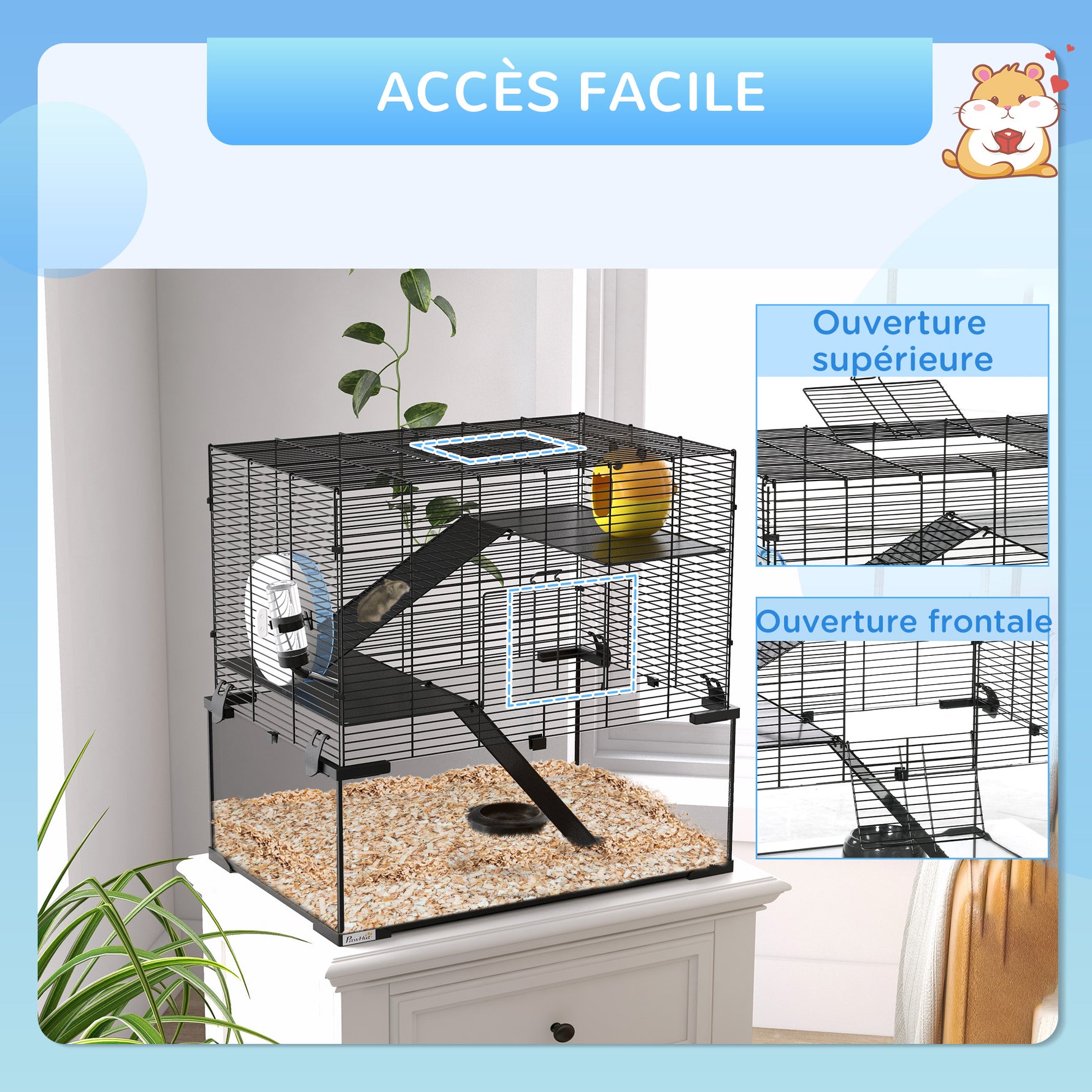 Cage hamster cage rongeur 3 niveaux avec roue rampes maisonnette abreuvoir mangeoire 60L x 40l x 54,5H cm noir